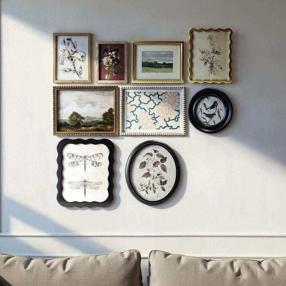 Creative Coop Obsidian 10"-19.5" 9-Piece Landscapes, Botanicals and Insect Prints Wall Decor Set in Multicolor, , large