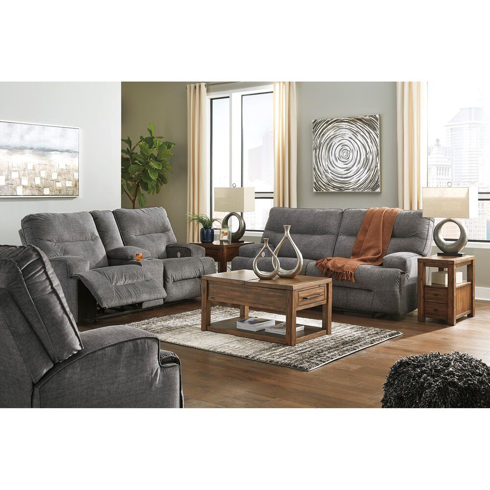 Benchcraft Coombs Double Power Reclining Loveseat with Console in Charcoal, , large