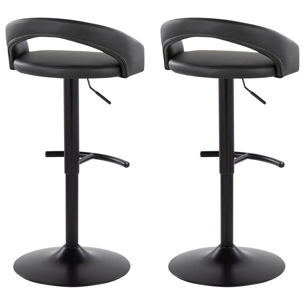 LumiSource Grotto Adjustable Bar Stool with Black Faux Leather Upholstery in Black (Set of 2), , large