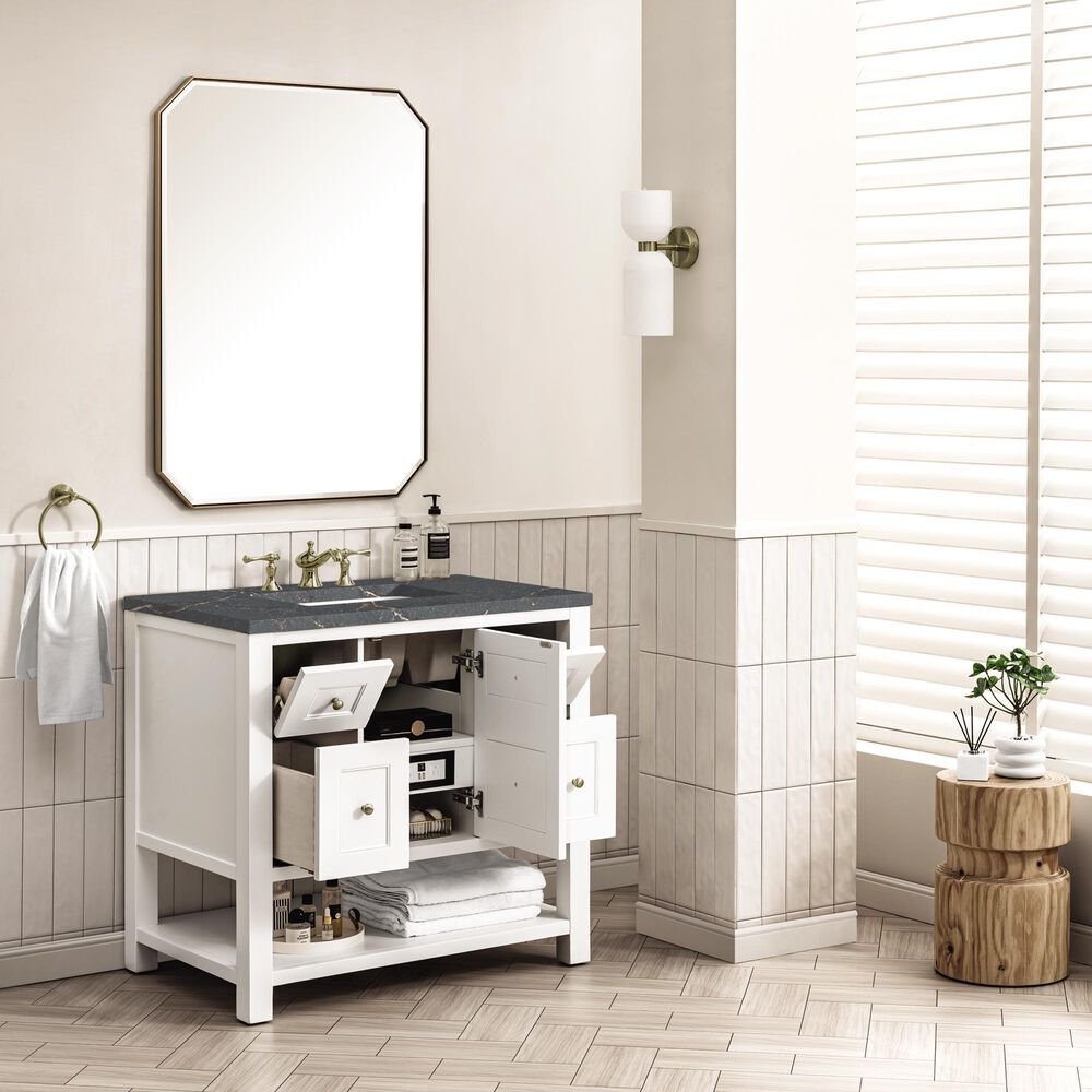 James Martin Vanities Breckenridge 36&quot; Single Bathroom Vanity in Bright White with 3 cm Parisien Bleu Quartz Top and Rectangular Sink, , large