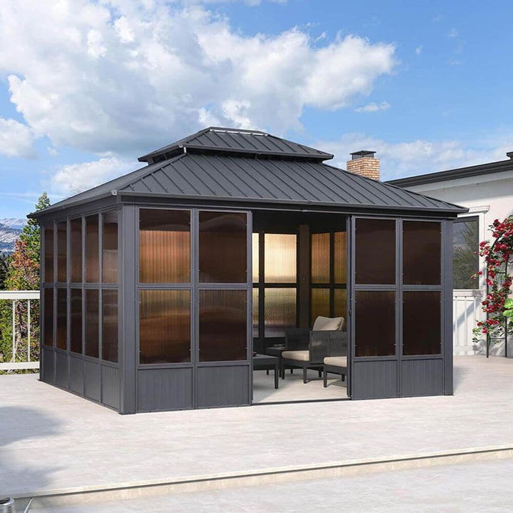 HOMLUX 12' x 14' Outdoor Sunroom Gazebo with Aluminum Frame in Gray, , large