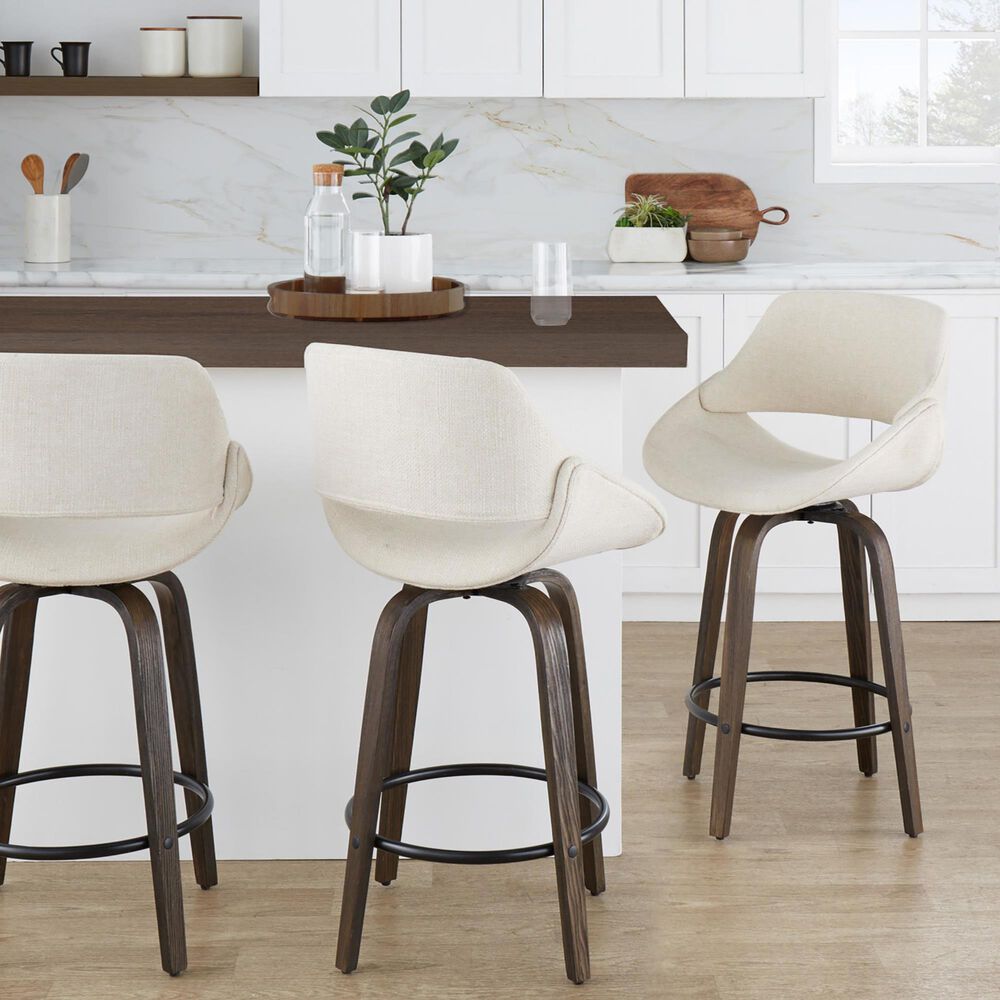 LumiSource Fabrico 26" Swivel Fixed-Height Counter Stool with Cream Noise Fabric Upholstery in Black and Glazed Walnut (Set of 2), , large