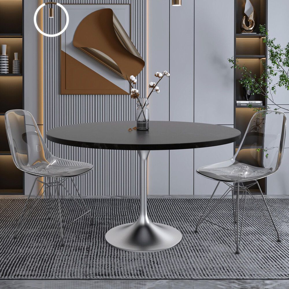 Leisuremod LeisureMod Verve Collection 48 Round Dining Table, Brushed Chrome Base with Black MDF Top, , large