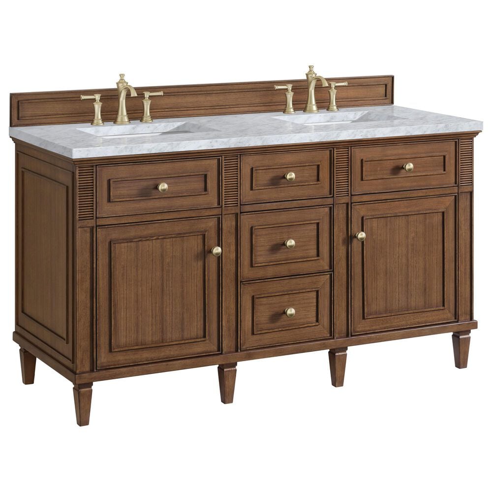 James Martin Vanities Lorelai 60" Double Vanity in Mid-Century Walnut with 3 cm Carrara White Marble Top, , large