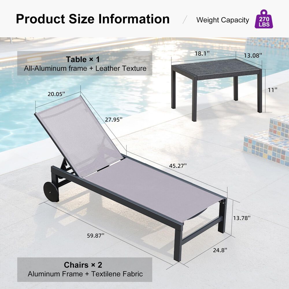 HOMLUX 3-Piece Patio Chaise Lounge Set with Straight-Leg in Light Grey, , large