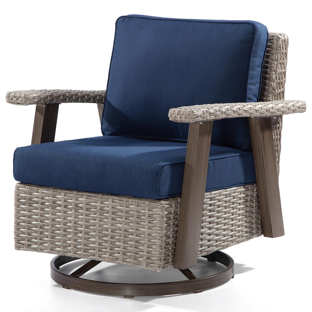 Sunwell Garden Patio Outdoor Swivel Chair with Light Gray Wicker in Navy, , large