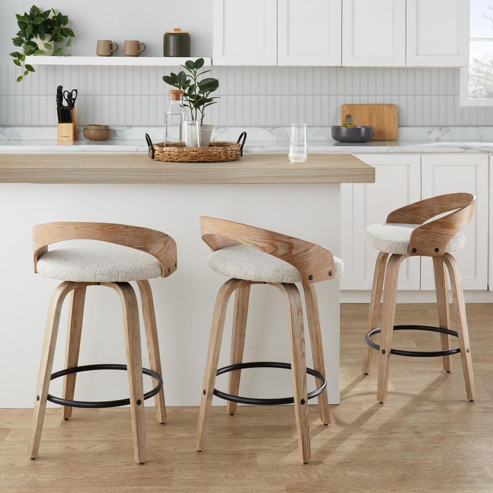LumiSource Grotto 26" Swivel Counter Stool with Oat Fabric Upholstery in Whitewashed and Black (Set of 2), , large