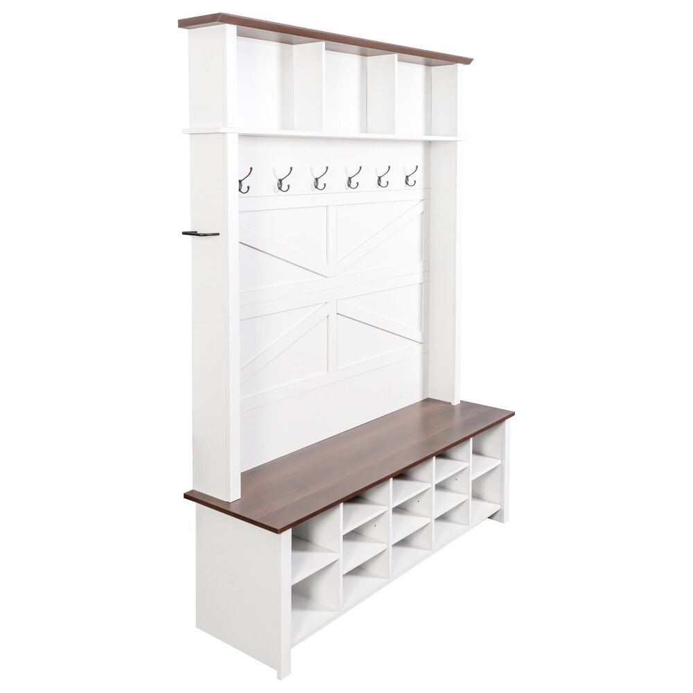 HOMLUX 6-Hook Hall Tree with 16-Compartment in White and Walnut, , large