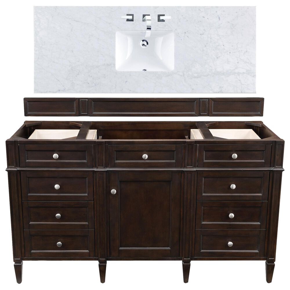 James Martin Vanities Brittany 60" Single Bathroom Vanity in Burnished Mahogany with 3 cm Carrara White Marble Top and Rectangle Sink, , large
