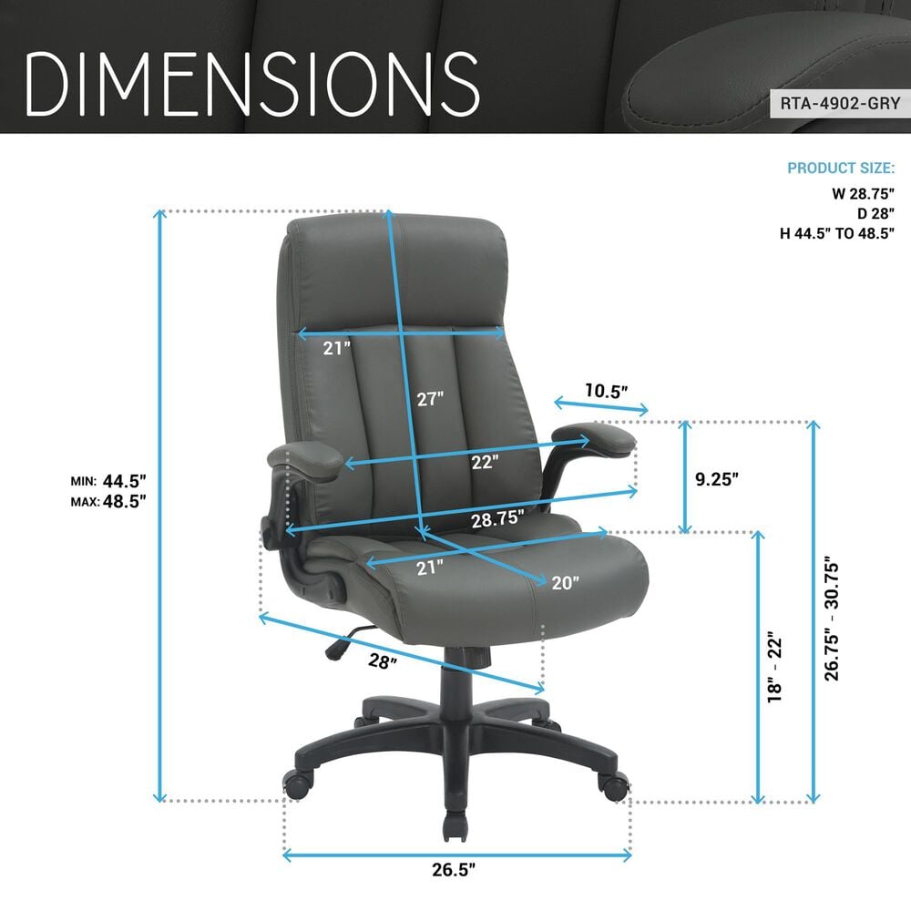Rta Products Llc Ultra-Padded Executive Office Chair with Flip-Up Armrests in Grey, , large