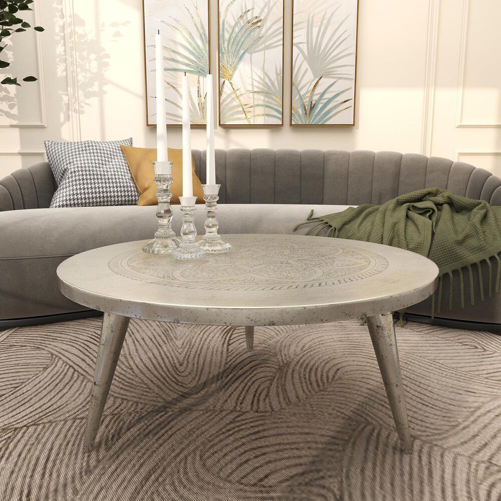 Maple and Jade Engraved Floral Living Room Coffee Table in Satin Silver, , large