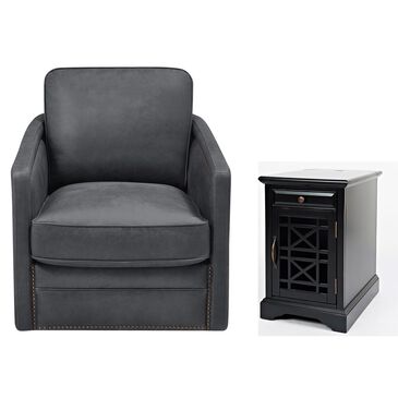 Italiano Furniture Leather Swivel Chair and Chairside Table in Antique Black, , large