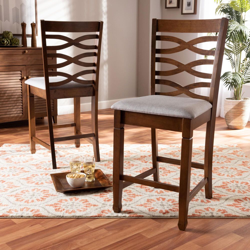 Baxton Studio Lanier Counter Height Pub Chair with Grey Cushion in Walnut (Set of 2), , large
