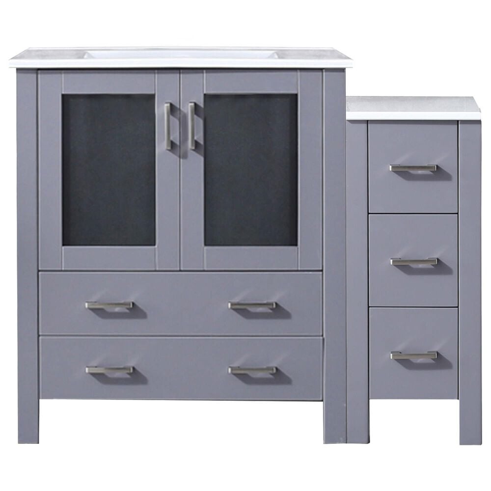 Lexora Home Volez 42&quot; Single Bathroom Vanity in Dark Grey with 2 cm White Ceramic Top, Rectangular Sink and Side Cabinet, , large