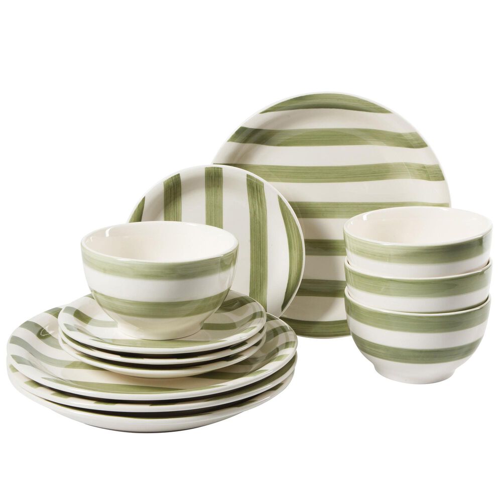 Gibson Homewares Kenwood Shores 12-Piece Dinnerware Set in Green Striped, , large