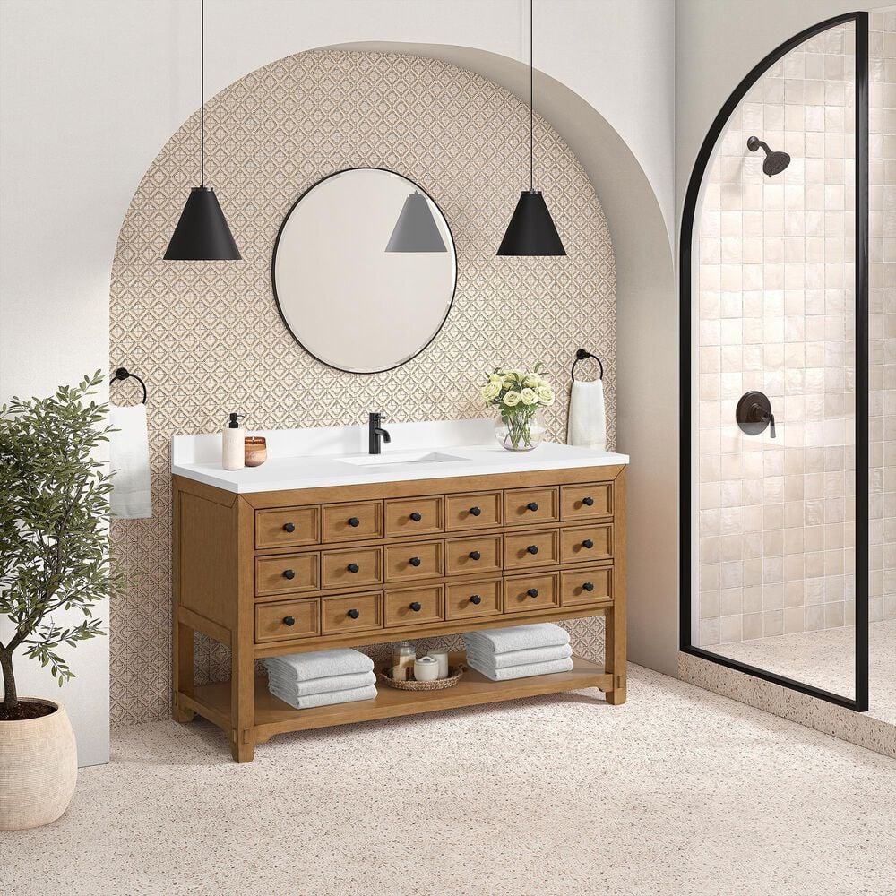 James Martin Malibu 60&quot; Single Bathroom Vanity in Amber Birch with Single Hole 3 cm White Zeus Quartz Top and Rectangular Sink, , large