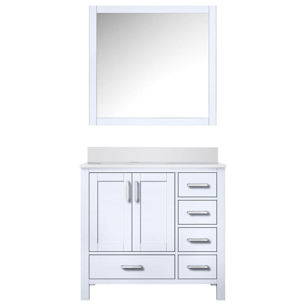 Lexora Home Jacques 36" Left Offset Single Bathroom Vanity in Dark Grey with 2 cm White Quartz Top, Rectangular Sink and 34" Mirror, , large