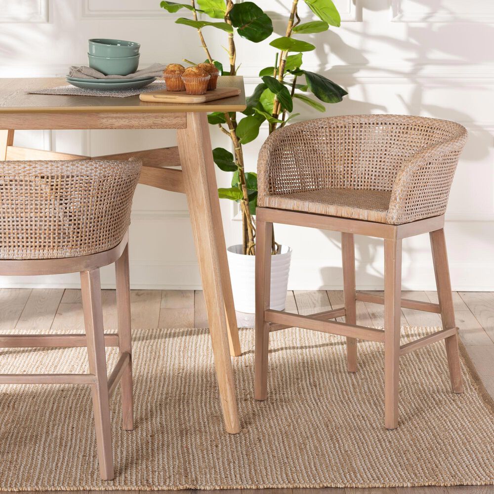 Baxton Studio Papua Counter Stool in Antique White Wash and Light brown, , large