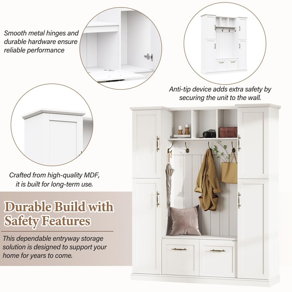 HOMLUX 5-Hook Hall Tree with 4 Side Cabinets and Storage Bench in White, , large