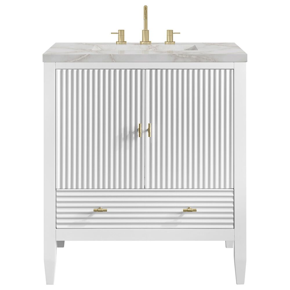 James Martin Myrrin 30" Single Bathroom Vanity in Bright White with 3 cm Victorian Silver Silestone Top and Rectangular Sink, , large