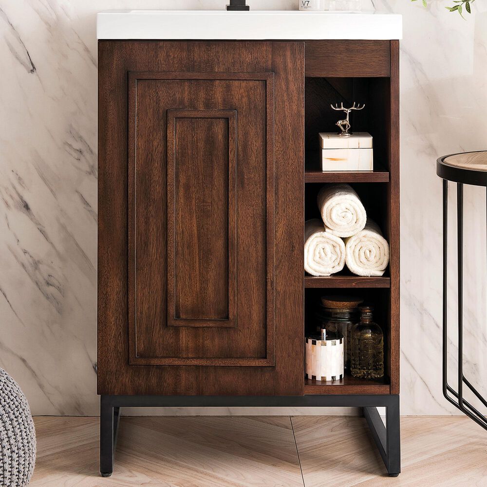 James Martin Vanities Alicante 24&quot; Single Bathroom Vanity in Mid Century Acacia and Matte Black with 5 cm White Glossy Resin Top and Rectangular Sink, , large