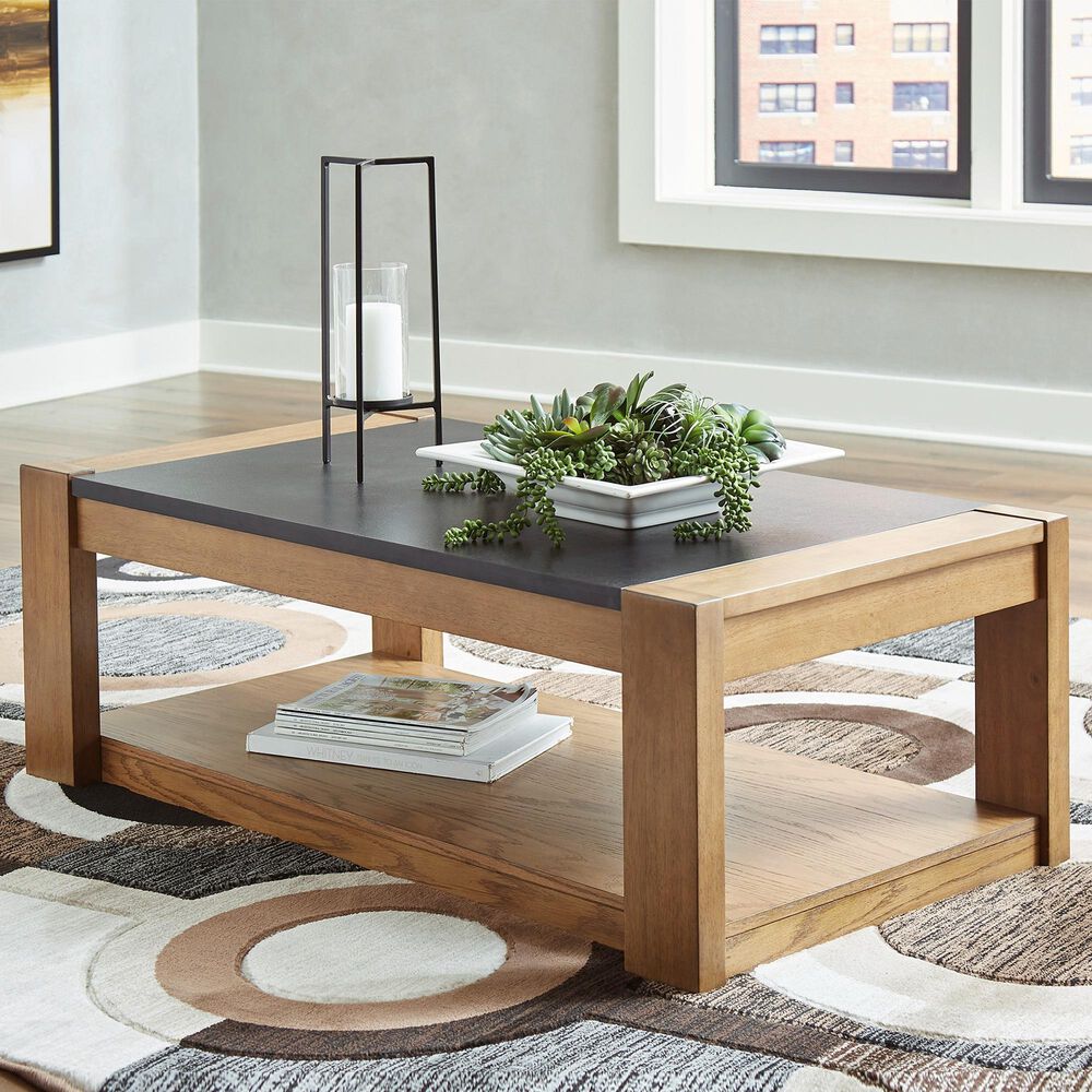 Ashley Quentina Lift-Top Coffee Table in Light Brown and Black, , large