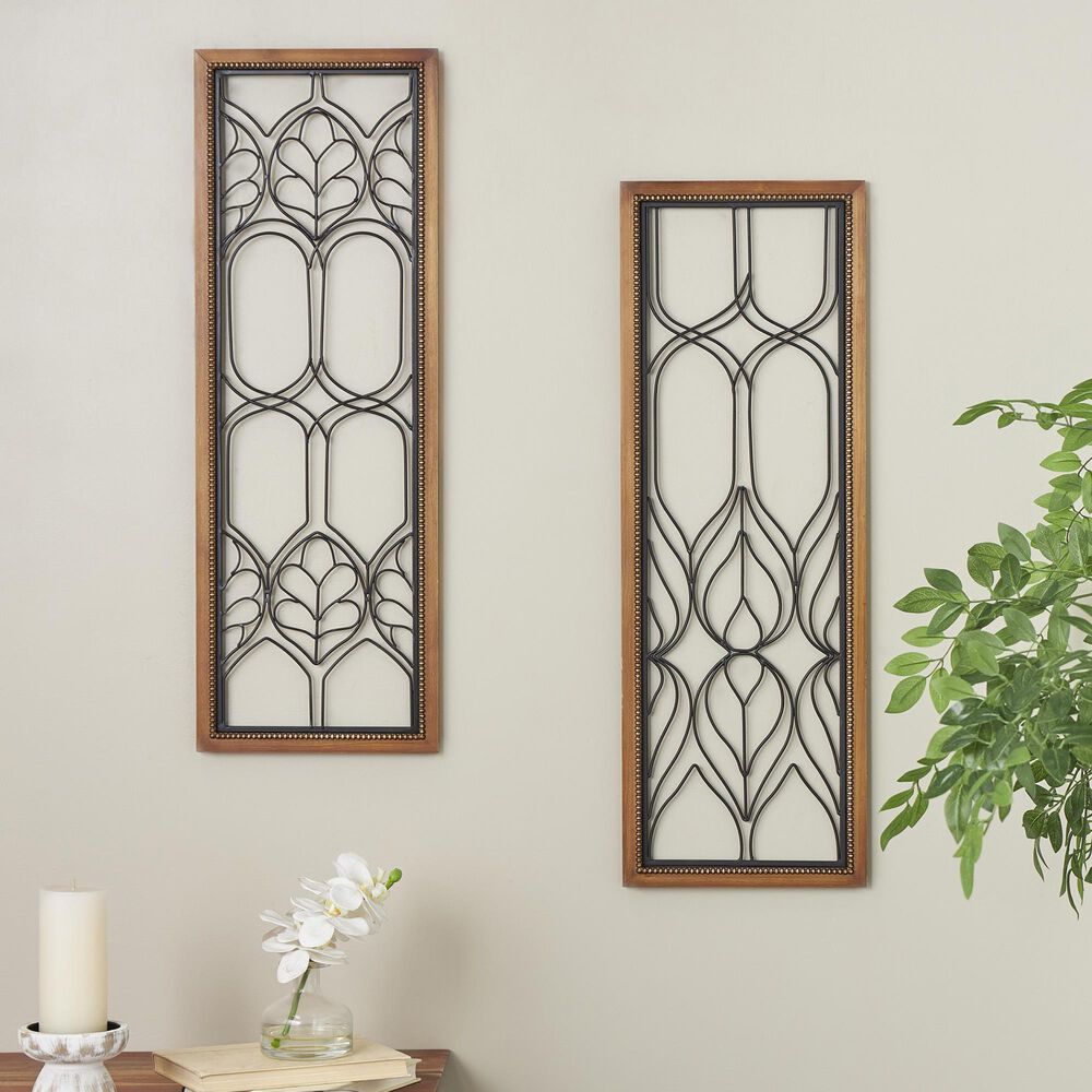 Maple and Jade 31&quot; x 11&quot; Geometric Wall Decor with Beaded Accents in Brown and Black &#40;Set of 2&#41;, , large