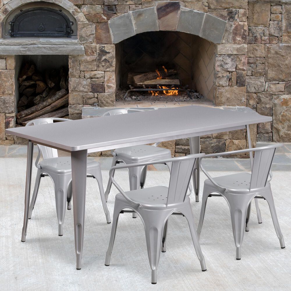 Flash Furniture 5-Piece Metal Dining Table Set in Silver, , large