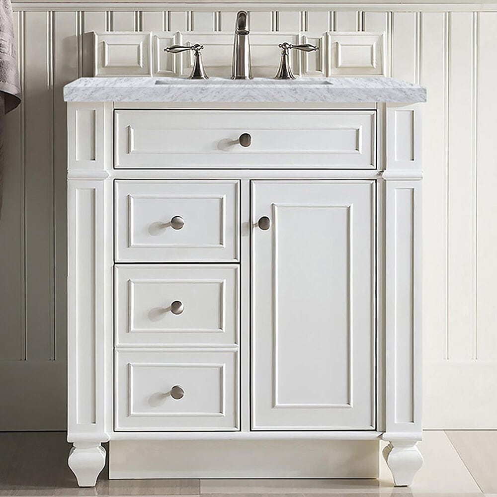 James Martin Vanities Bristol 30&quot; Single Bathroom Vanity in Bright White with 3 cm Carrara White Marble Top and Rectangular Sink, , large