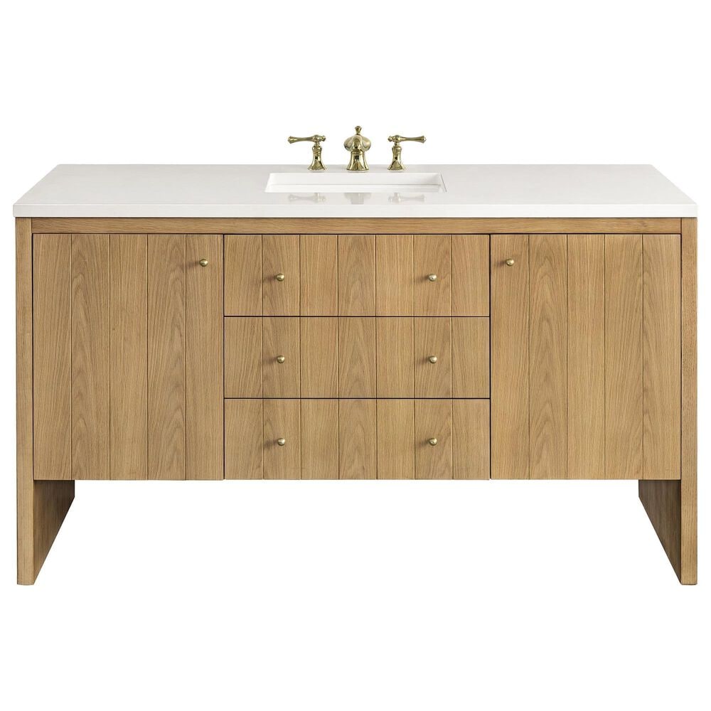 James Martin Vanities Hudson 60" Single Bathroom Vanity in Light Natural Oak with 3 cm White Zeus Quartz Top and Rectangular Sink, , large