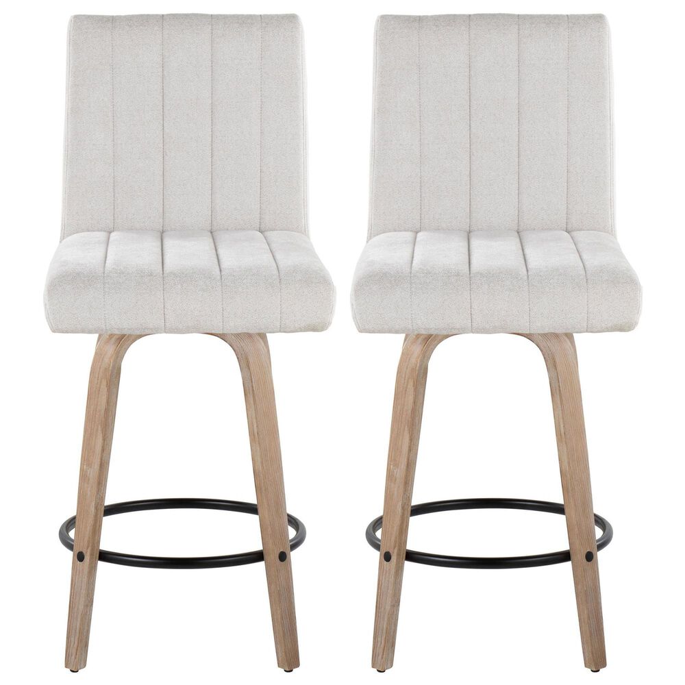 LumiSource Hank Swivel Counter Stool with Light Grey Fabric Upholstery in Whitewashed and Black (Set of 2), , large