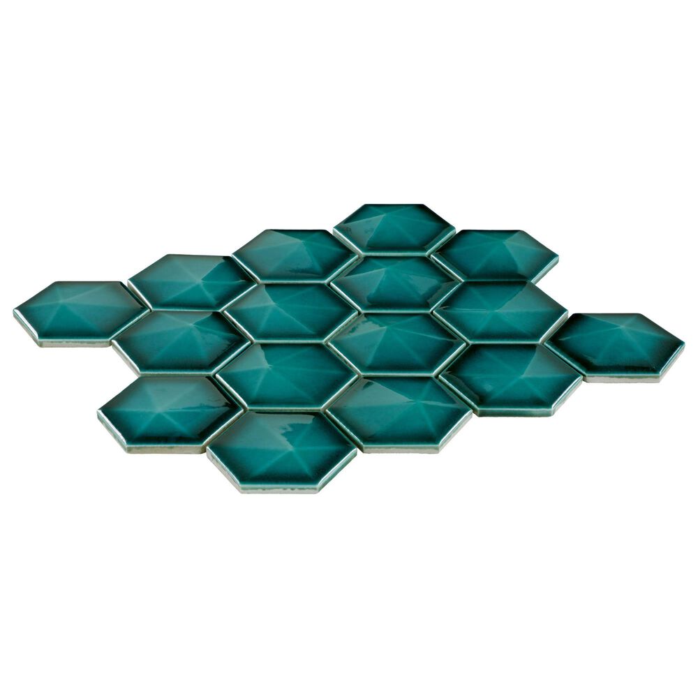 Dal-Tile Artefino Jewel Aquamarine 3" Pyramid Hexagon Apex on 11" x 12" Porcelain Mosaic Sheet, , large