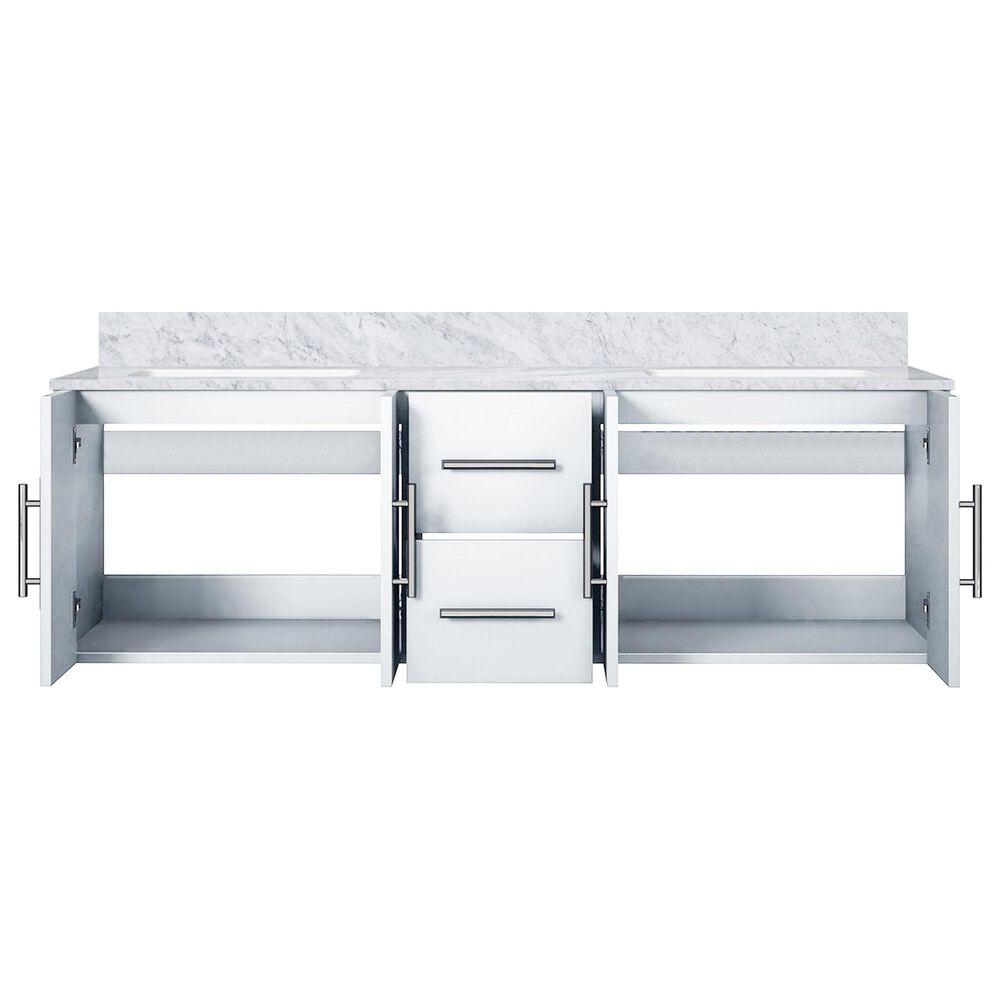 Lexora Home Geneva 60&quot; Double Bathroom Vanity in Glossy White with 2 cm White Carrara Marble Top and Rectangular Sinks, , large