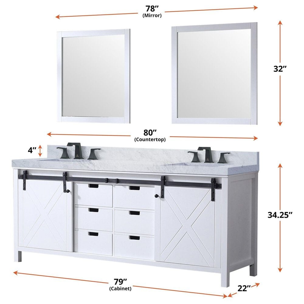 Lexora Home Marsyas 80&quot; Double Bathroom Vanity in White with Grey Quartz Top and Rectangular Sinks, , large