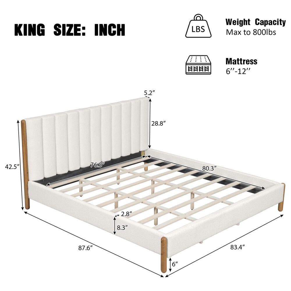Hearth and Haven King Upholstered Platform Bed in White, , large