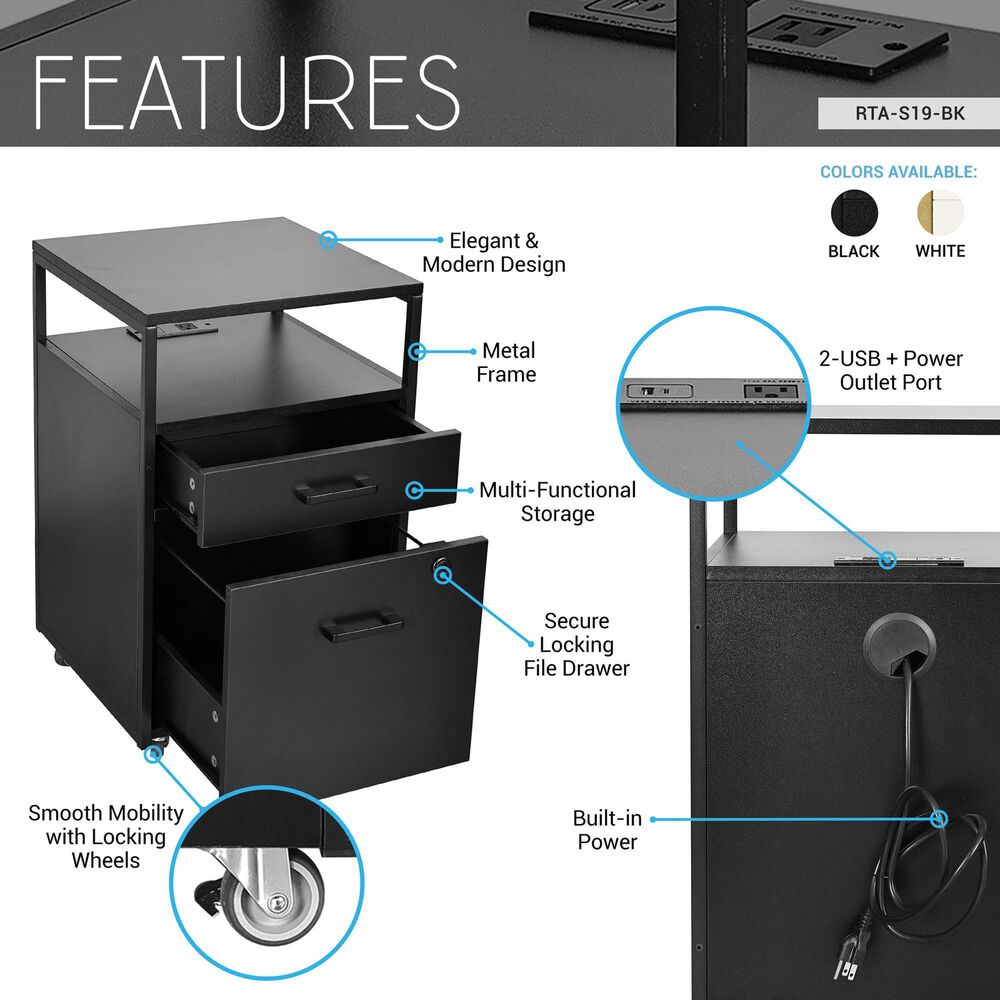 Rta Products Llc Modern Rolling File Cabinet with USB Charging Ports and Power Outlet in Black, , large