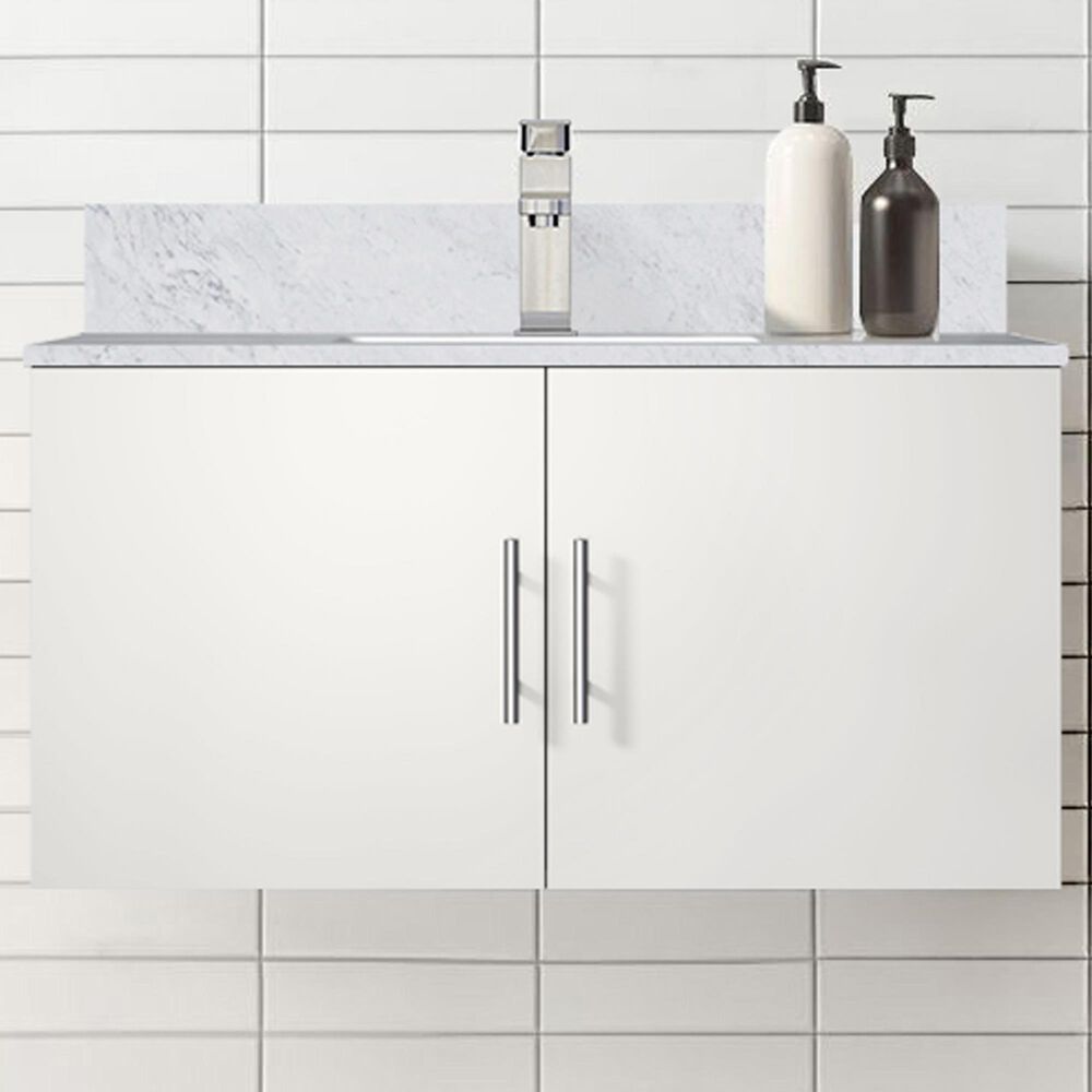 Lexora Home Geneva 36&quot; Single Bathroom Vanity in Glossy White with 2 cm White Carrara Marble Top and Rectangular Sink, , large