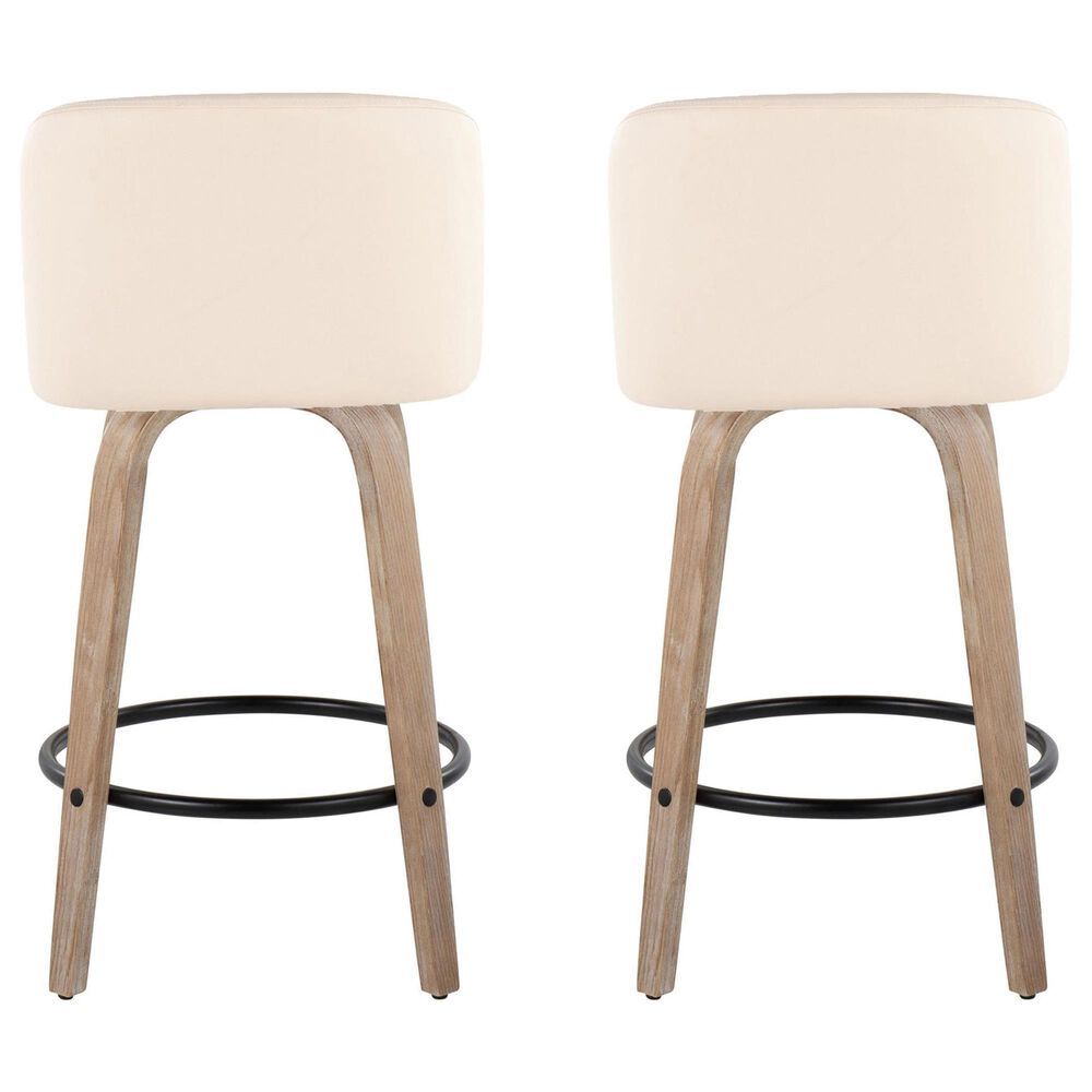 LumiSource Toriano Swivel Counter Stool with Cream Faux Leather Upholstery in Whitewashed and Black (Set of 2), , large