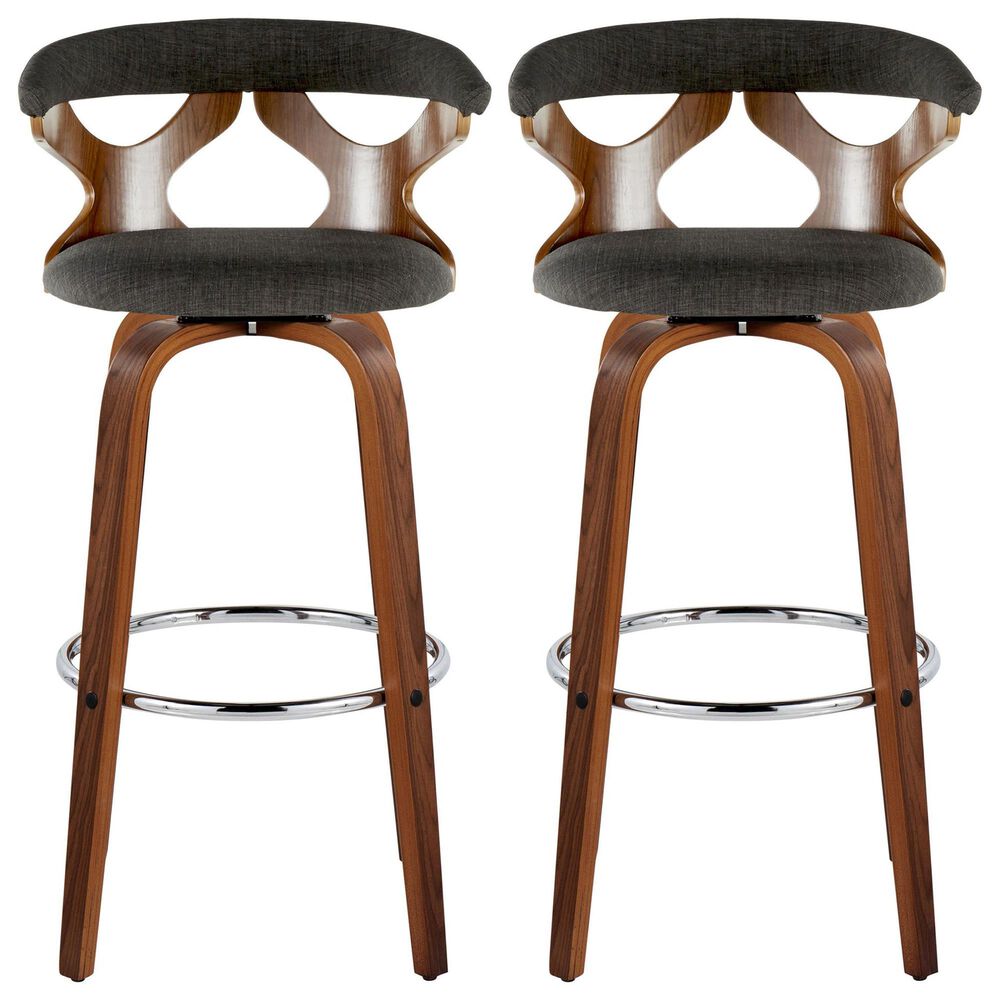 LumiSource Gardenia Swivel Fixed-Height Bar Stool with Charcoal Fabric Upholstery in Chrome and Walnut (Set of 2), , large