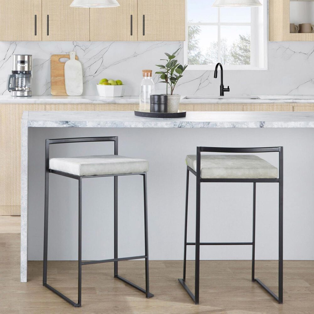 LumiSource Fuji 26" Stacker Counter Stool with Light Grey Cowboy Upholstery in Black (Set of 2), , large