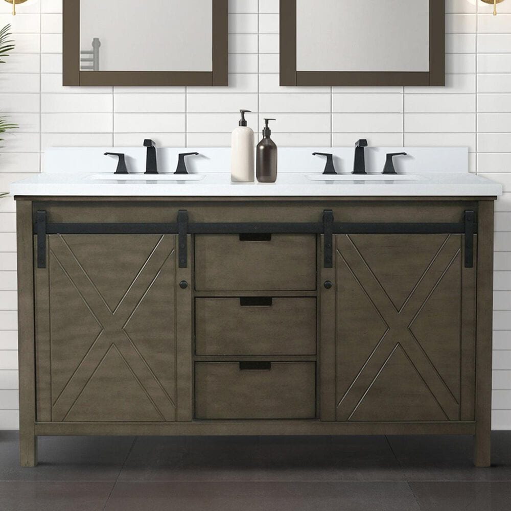 Lexora Home Marsyas 60&quot; Double Bathroom Vanity in Rustic Brown with 2 cm White Cultured Marble Top and Rectangular Sinks, , large