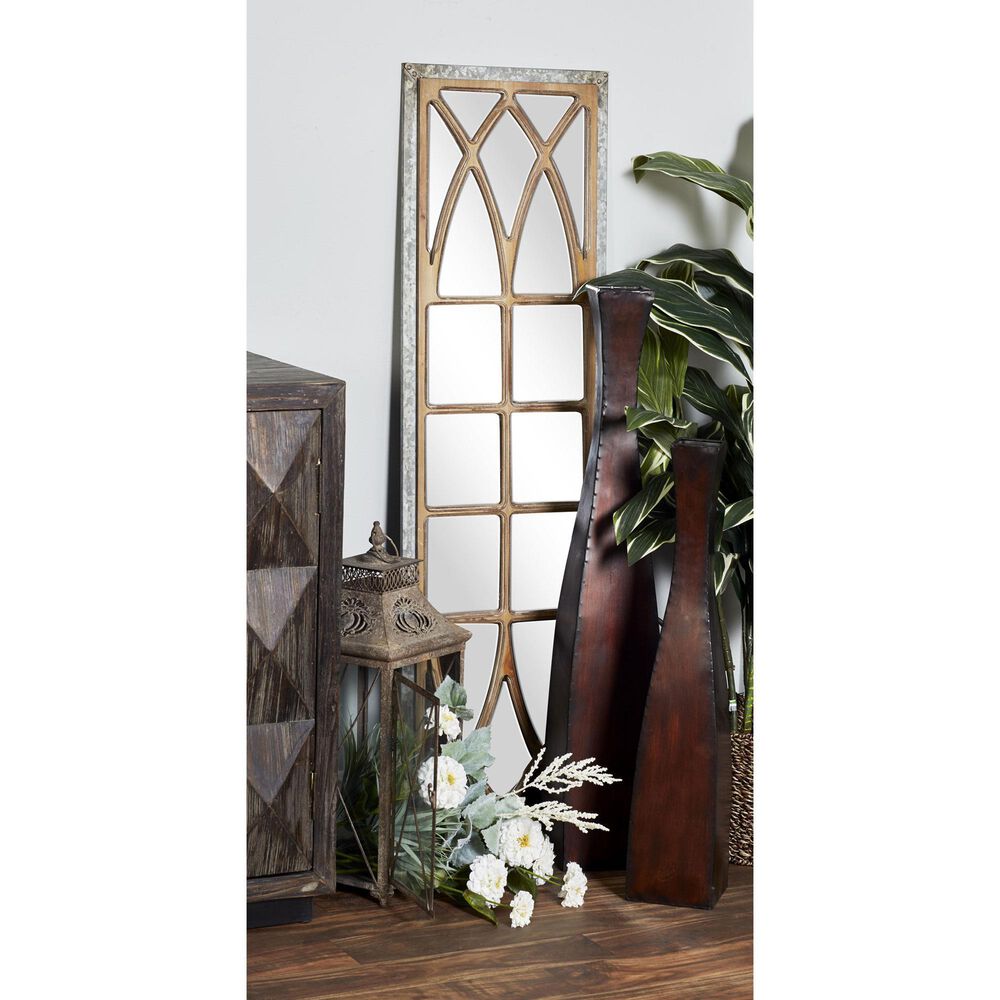 Maple and Jade 52&quot; x 15&quot; Geometric Window Pane Inspired Panel Wall Mirror in Galvanized Silver and Brown, , large