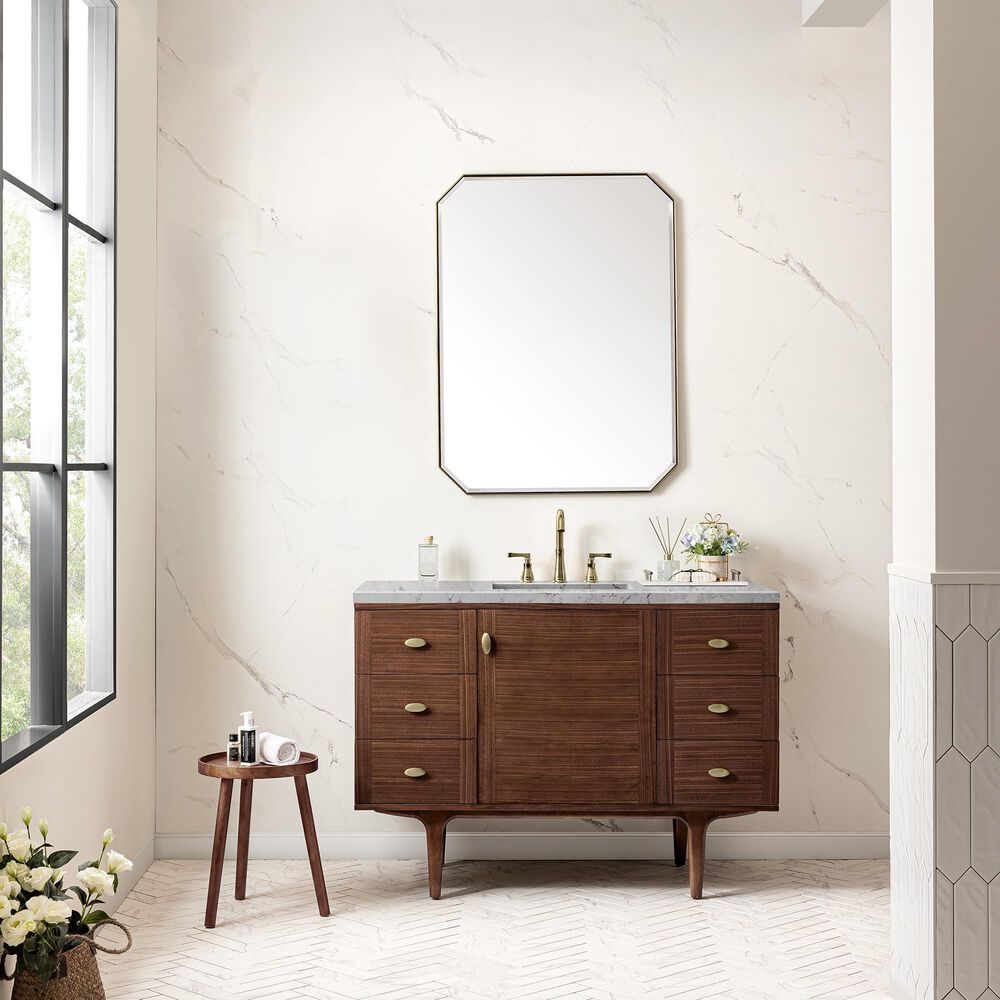 James Martin Vanities Amberly 48&quot; Single Bathroom Vanity in Walnut with 3 cm Eternal Jasmine Pearl Quartz Top and Rectangular Sink, , large