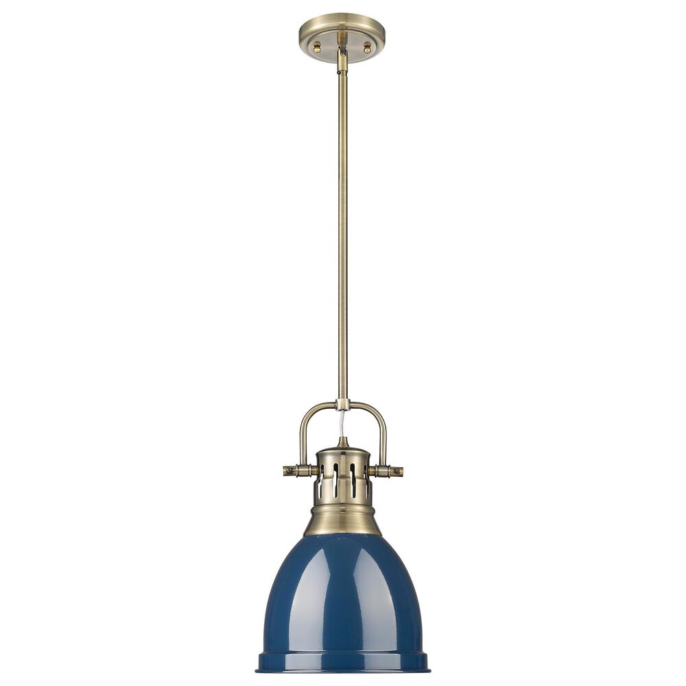 Golden Lighting Duncan 1-Light Small Pendant with Rod and Matte Navy Shade in Aged Brass, , large