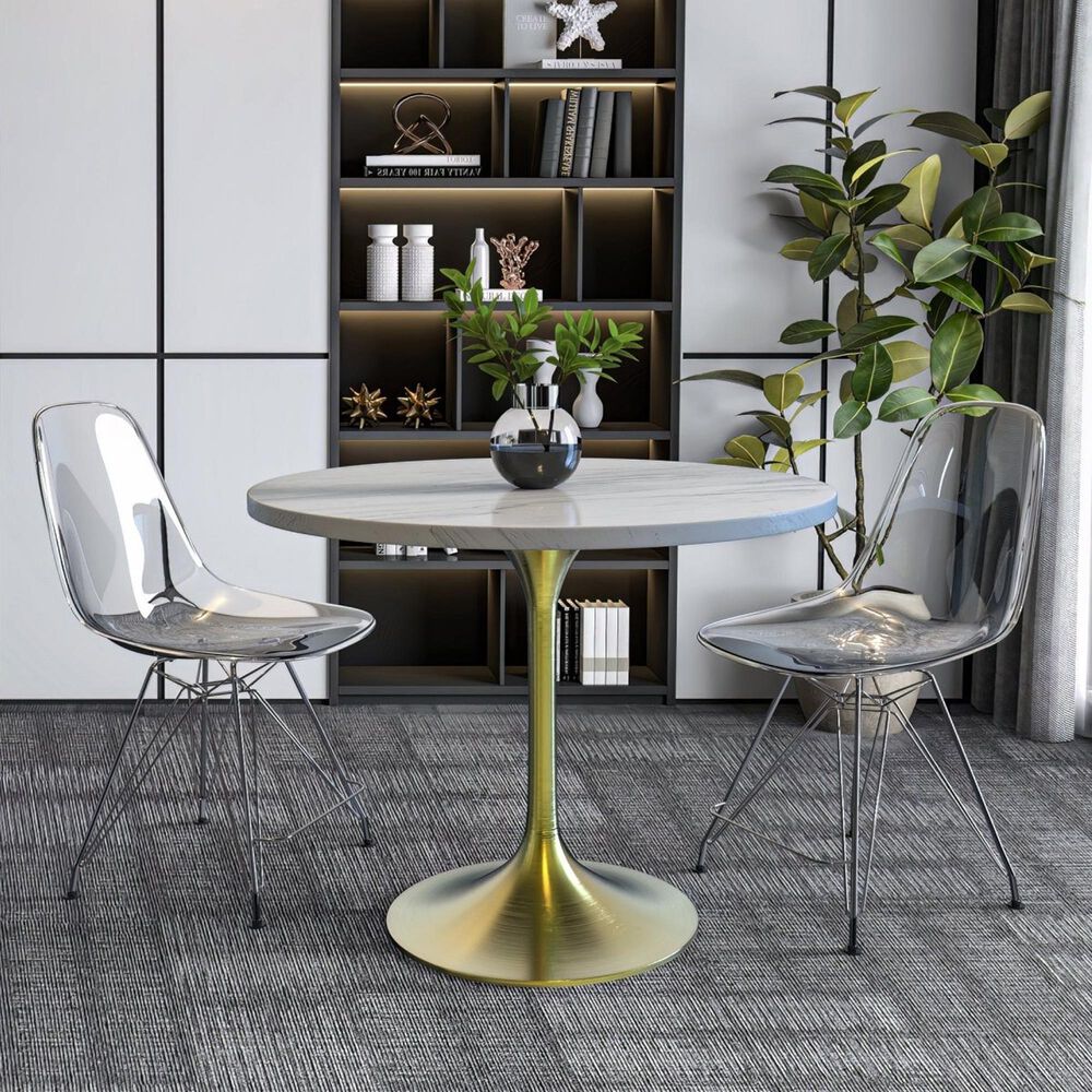 Leisuremod LeisureMod Verve Collection 36 Round Dining Table, Brushed Gold Base with Laminated White Marbleized Top, , large
