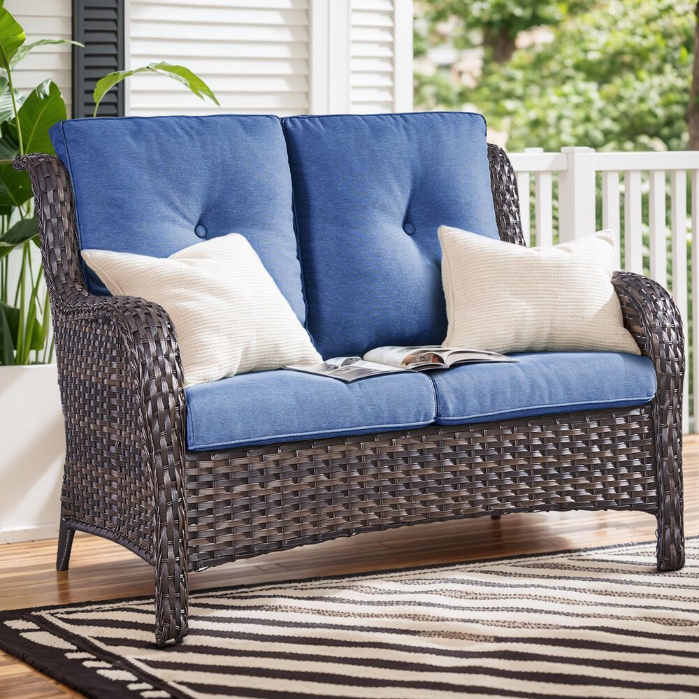 Sunwell Garden Patio Loveseat with Brown Frame in Navy, , large