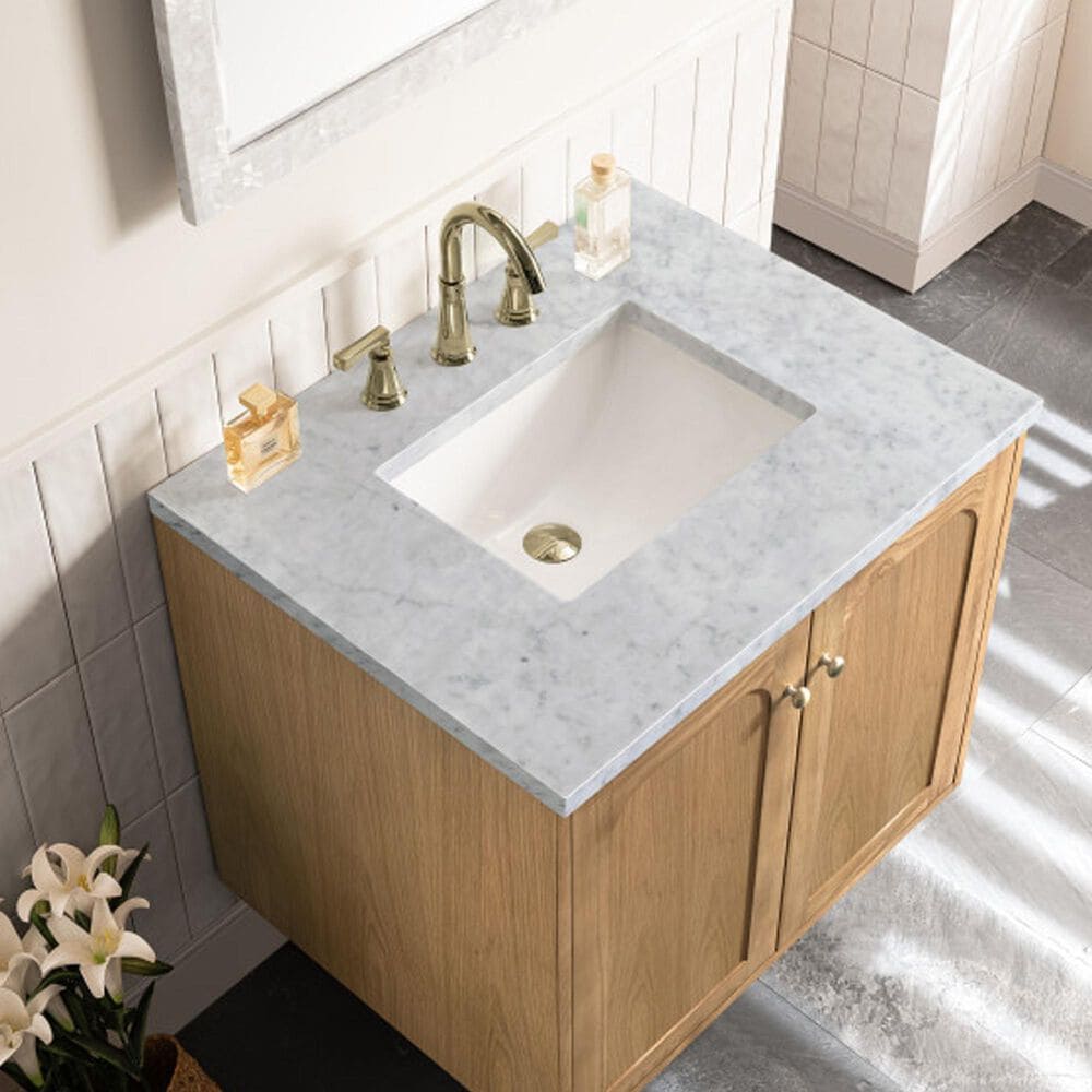 James Martin Vanities Laurent 30&quot; Single Bathroom Vanity in Light Natural Oak with 3 cm Carrara White Marble Top and Rectangular Sink, , large