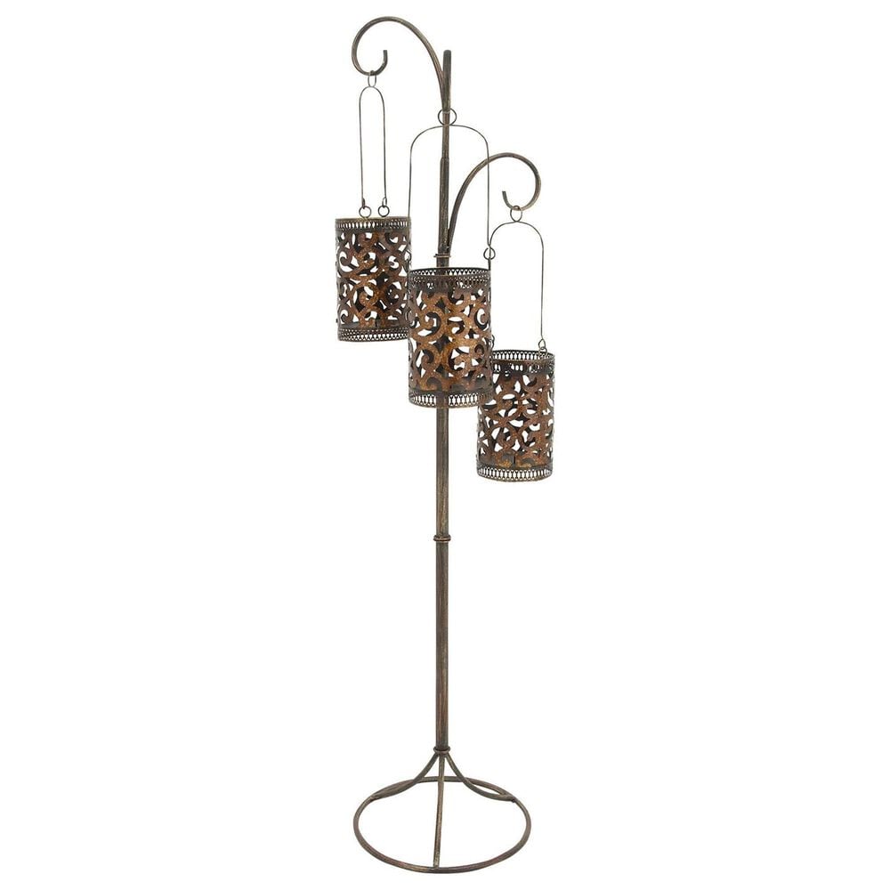 Maple and Jade Perforated Moroccan Standing Floor Scroll Candle Lantern with 3 Suspended Holders in Brass, , large