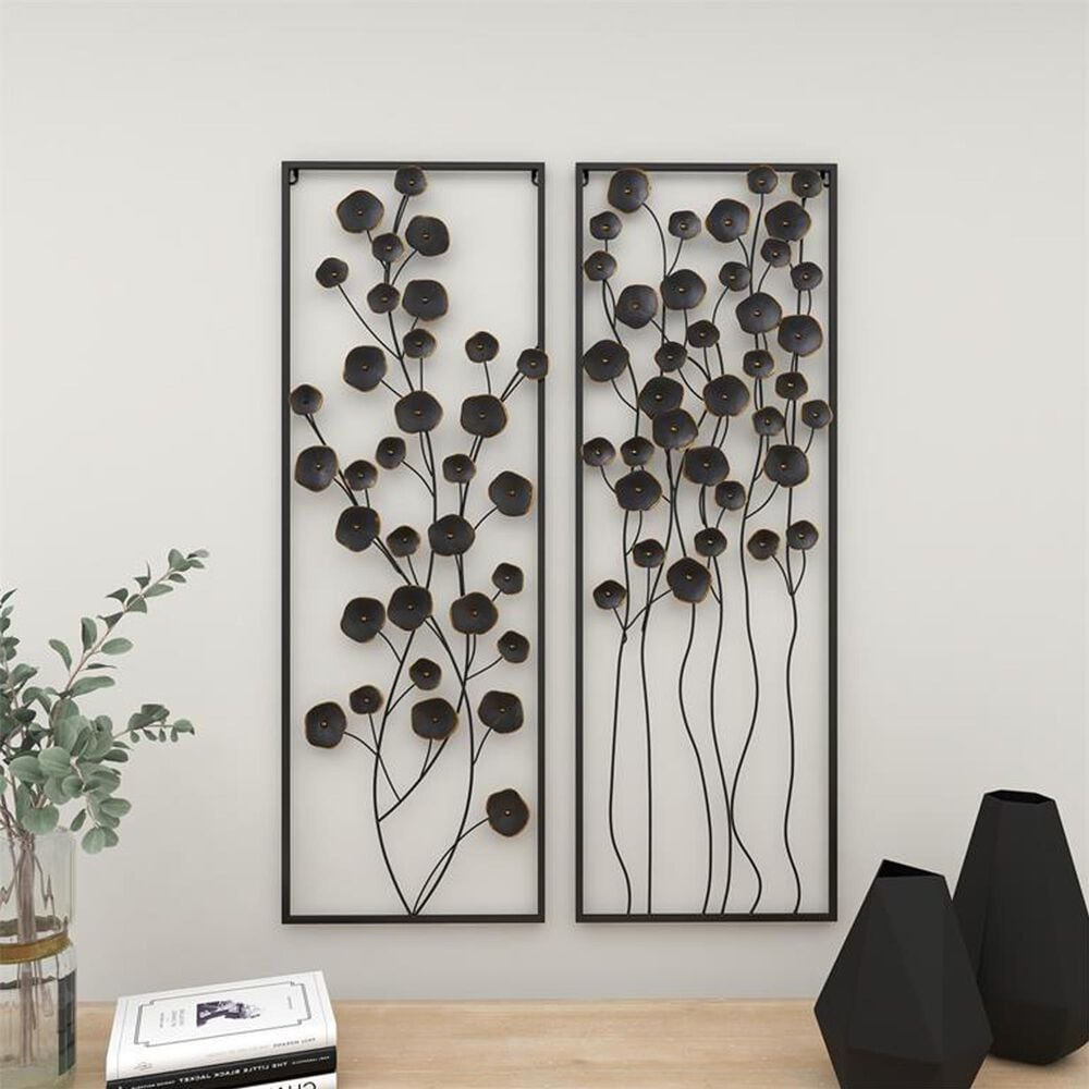 Maple and Jade 42&quot; x 15&quot; Metal Floral Wall Decor with Frame in Matte Black &#40;Set of 2&#41;, , large