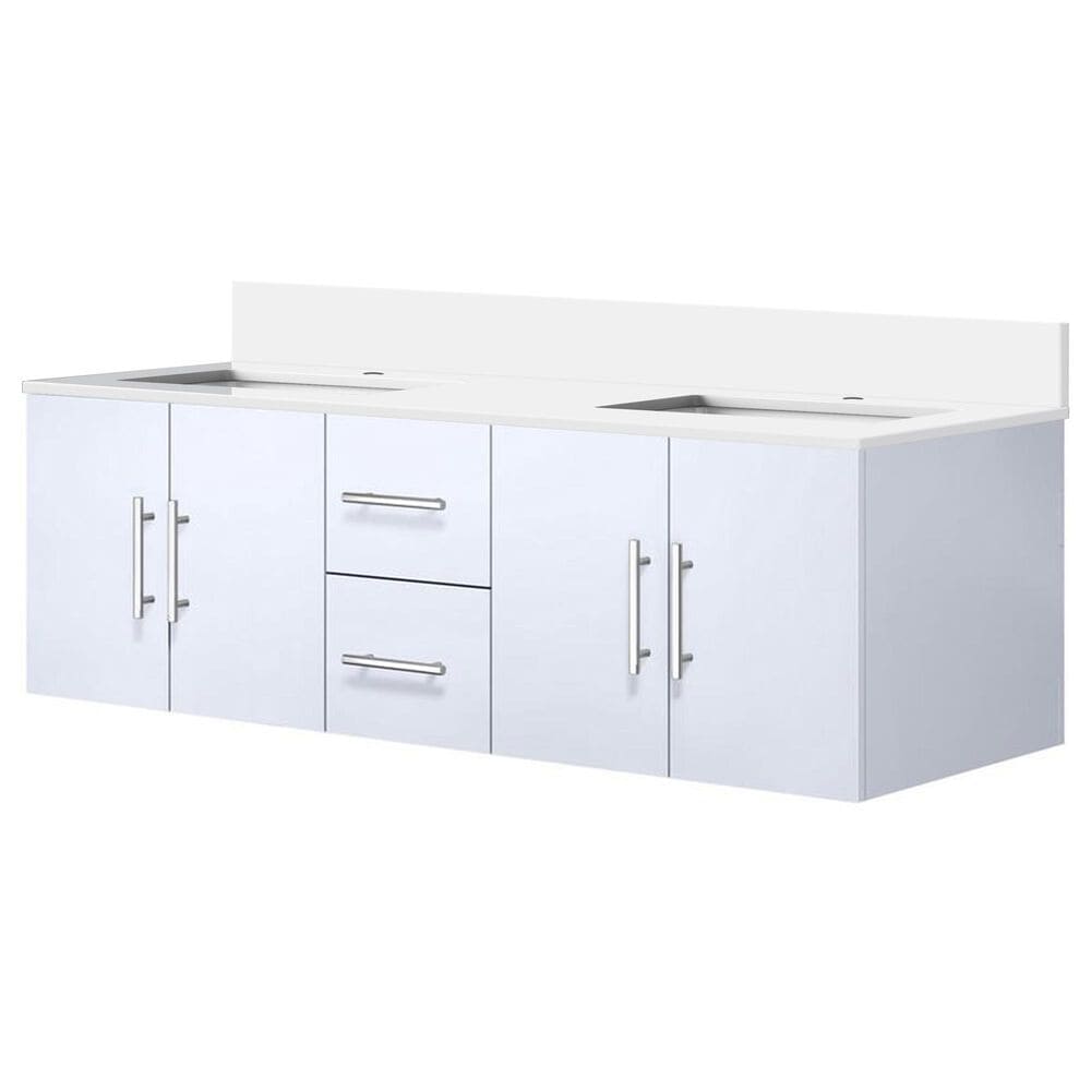 Lexora Home Geneva 60" Double Bathroom Vanity in Glossy White with 2 cm White Quartz Top and Rectangular Sinks, , large